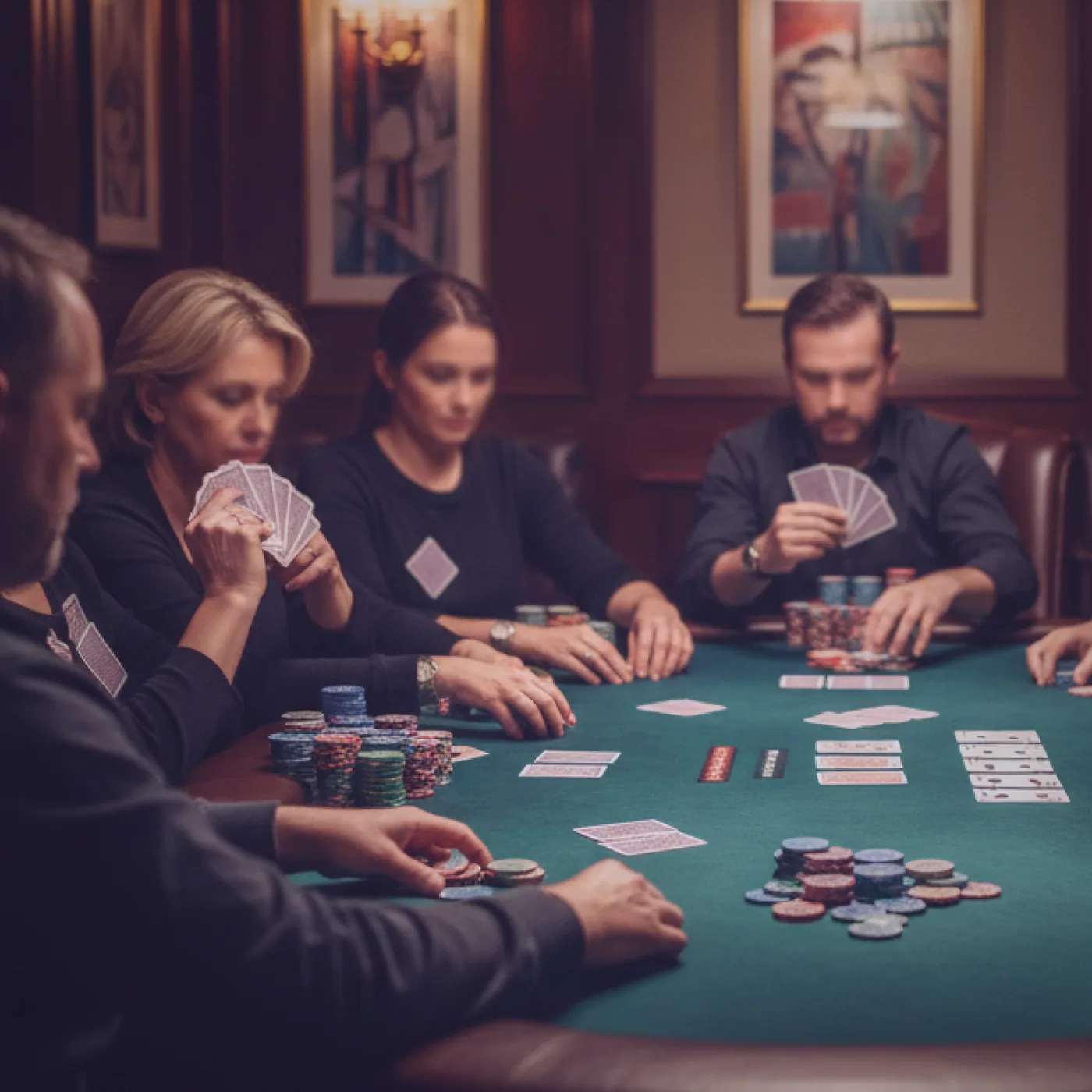 A hand resting beside a small stack of chips mid-game